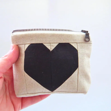 Load image into Gallery viewer, Black Heart Quilted Linen Bag – Mini Zipper Coin Pouch
