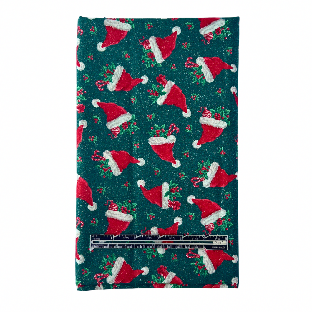 Previously Loved Fabric: Metallic Santa Hats on Green (1.5 yds)